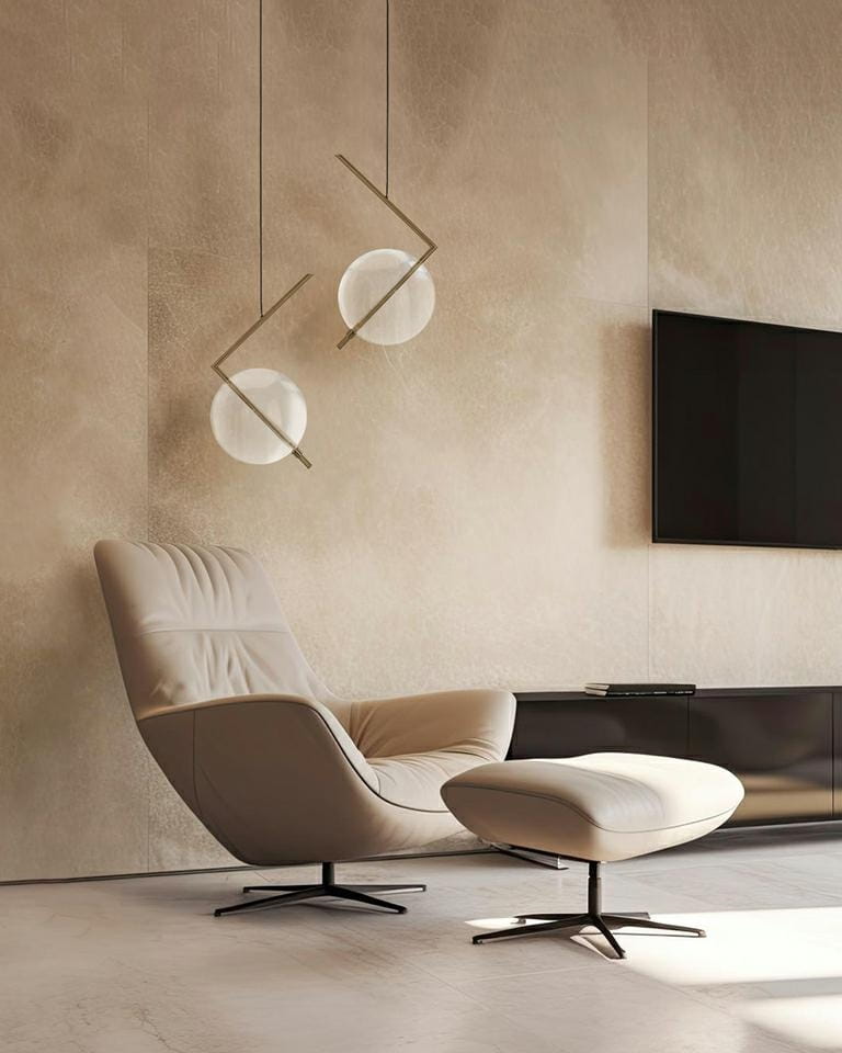 Lampa wisząca Echo w kolorze złotym z pojedynczym źródłem światła LED 3W. Ma geometryczny kształt z przezroczystą kulą i stylowym metalowym uchwytem. Zawieszona w nowoczesnym wnętrzu, nad skórzanym fotelem i podnóżkiem.