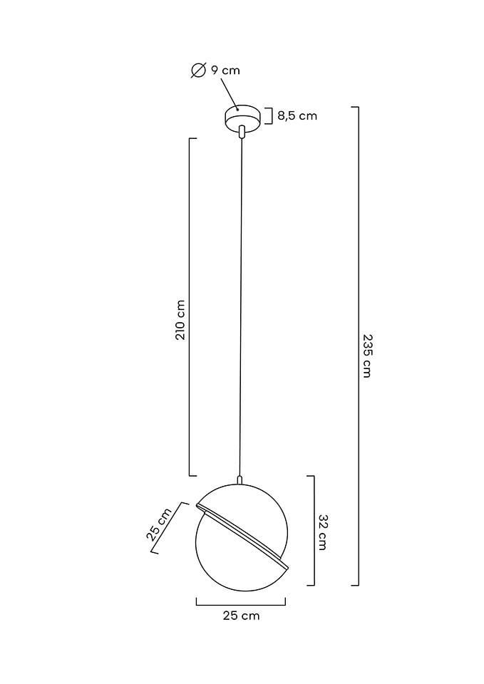 Lampa wisząca Globe 25, średnica 25 cm, wysokość 32 cm, złota, z jedną oprawą E27. Długość zawieszenia 210 cm. Prosty, nowoczesny design z półkulistym kloszem i dekoracyjnym akcentem.