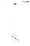 Lampa wisząca Globe 25 o wymiarach 1xE27, z białym, okrągłym kloszem i złotym detalem w formie obręczy. Zawieszona na cienkim, złotym przewodzie, z metalowym mocowaniem sufitowym w tym samym kolorze. Idealna do nowoczesnych wnętrz.