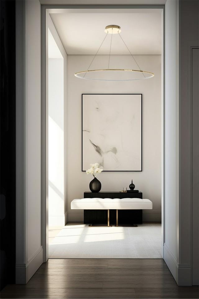 Lampa wisząca Ring Slim 100 w kolorze złotym, z pilotem, z jednym źródłem LED o mocy 28W. Zawieszona w nowoczesnym wnętrzu, nad białą ławką i czarnym stolikiem, z obrazem na ścianie w tle. Ujęcie z dołu, ukazujące elegancki design.