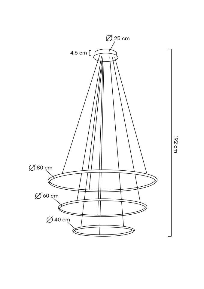 Lampa wisząca Ring Slim S w kolorze złotym z trzema okrągłymi kloszami o średnicach 40 cm, 60 cm i 80 cm, zawieszona na cienkich linkach. Wysokość całkowita wynosi 192 cm. Zawiera pilot do sterowania.