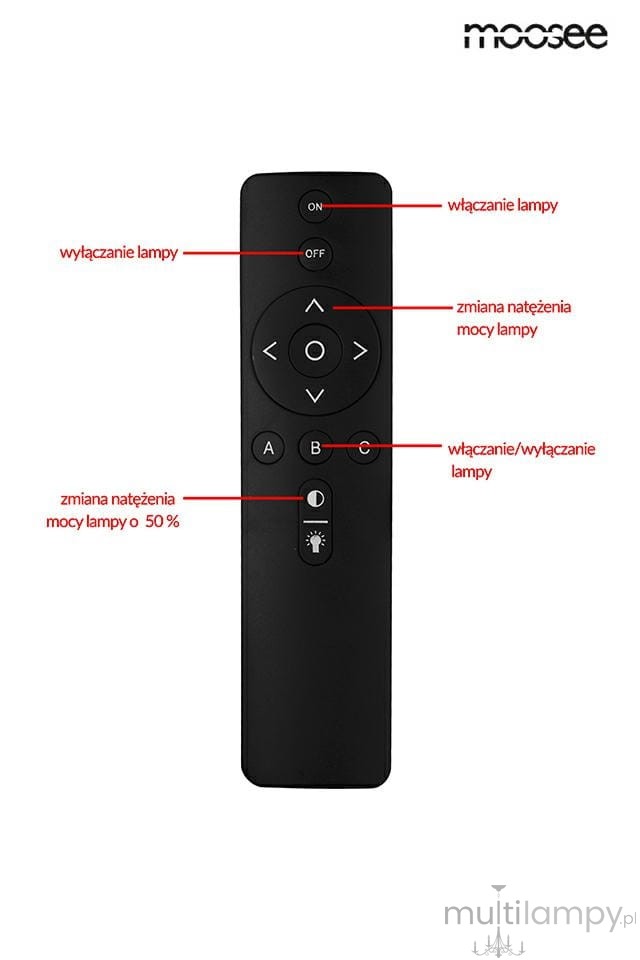Czarny pilot do lampy wiszącej Ring Slim M z funkcją włączania, wyłączania oraz zmiany natężenia mocy. Przyciski A, B oraz ikonki do regulacji jasności. Prosty układ przycisków ułatwia obsługę.