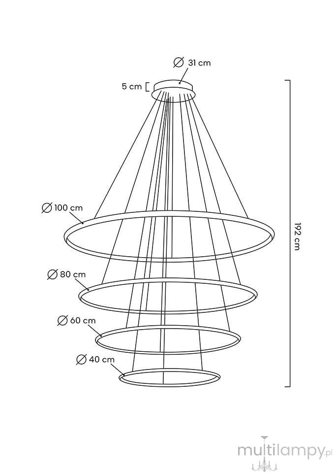 Lampa wisząca Ring Slim M z pilotem, wykonana w kolorze złotym. Składa się z czterech okrągłych pierścieni o średnicach 100 cm, 80 cm, 60 cm i 40 cm, zawieszonych na cienkich linkach. Wysokość całkowita: 192 cm, średnica podstawy: 31 cm.