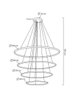 Lampa wisząca Ring Slim M z pilotem, wykonana w kolorze złotym. Składa się z czterech okrągłych pierścieni o średnicach 100 cm, 80 cm, 60 cm i 40 cm, zawieszonych na cienkich linkach. Wysokość całkowita: 192 cm, średnica podstawy: 31 cm.