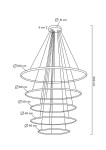 Lampa wisząca Ring Slim L z pięcioma okrągłymi elementami w złotym kolorze. Wymiary: średnica 100 cm, 80 cm, 60 cm, 60 cm, 40 cm, wysokość 202 cm. Posiada pilot do zdalnego sterowania. Elementy zawieszone na cienkich linkach, montowane sufitowo.