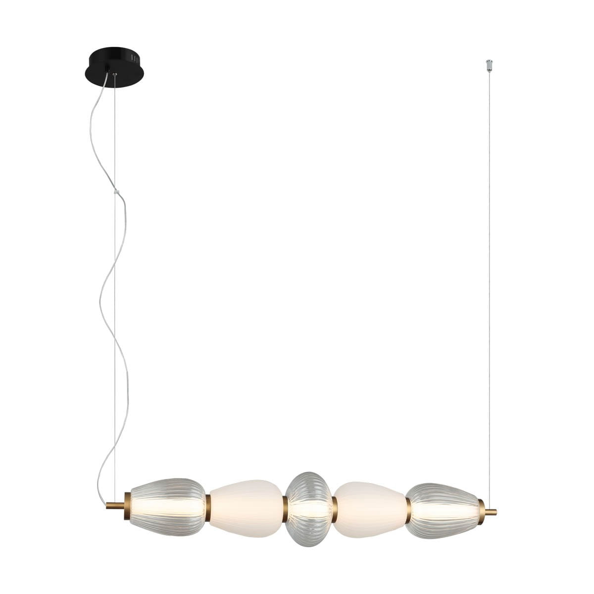 Lampa wisząca Gastel 1xLED/22W w kolorze czarnym, z dekoracyjnymi, szklanymi elementami w kształcie kropli. Kąt w ujęciu frontalnym, zamontowana na cienkim przewodzie. Oświetlenie zawieszone, minimalistyczny design, odpowiednia do nowoczesnych wnętrz.