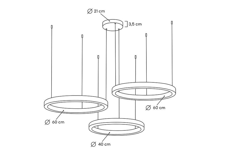 Lampa wisząca Ring 40/60/60 z trzema okrągłymi pierścieniami LED o średnicach 40 cm i 60 cm, w kolorze złotym. Ujęcie z góry, pokazujące szczegóły mocowania i długość zawieszenia.