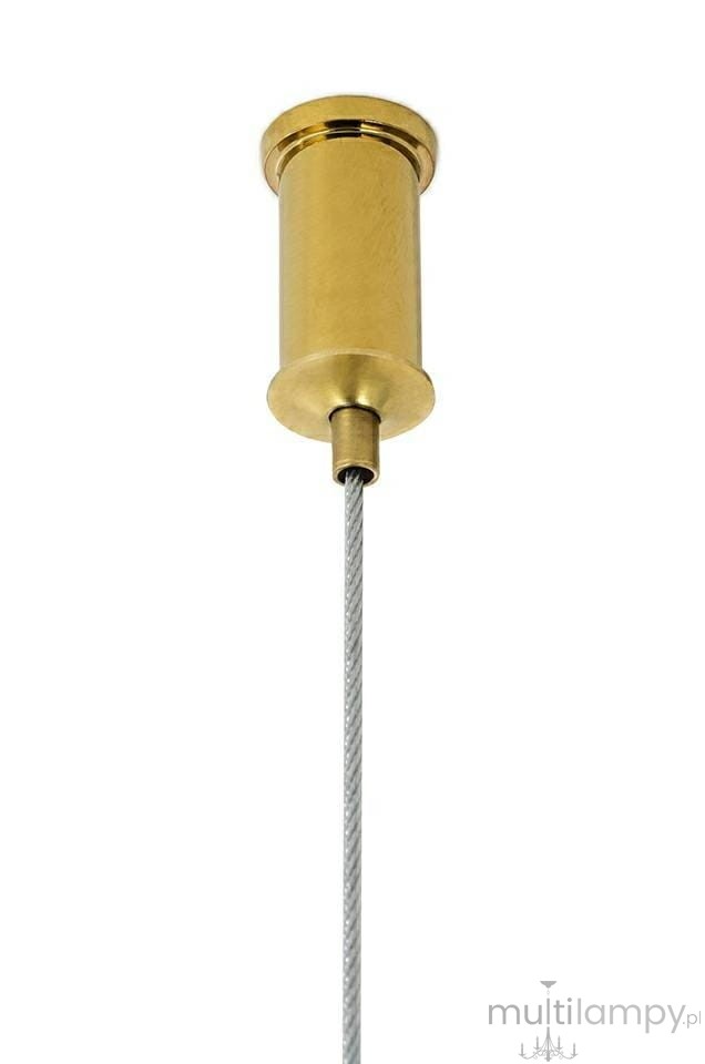 Złoty uchwyt lampy wiszącej Ring 100/100/100 z metalowym wykończeniem. Widoczny przewód zawieszenia wykonany z materiału tekstylnego. Kąt ujęcia z dołu, ukazujący detale mocowania do sufitu.