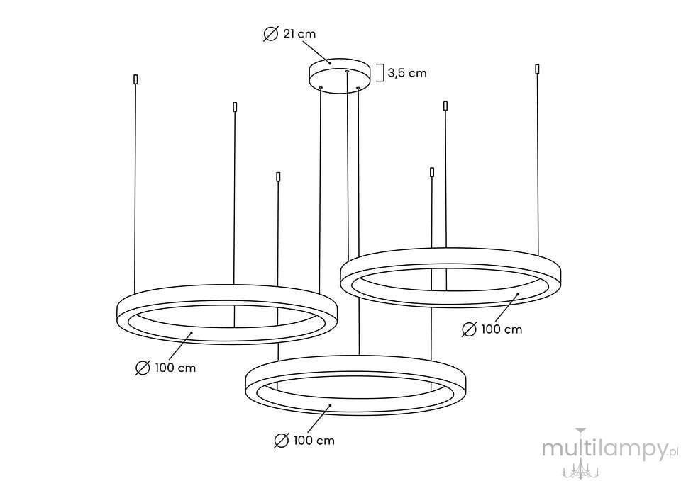Lampa wisząca Ring 100/100/100 z trzema okrągłymi elementami LED o średnicy 100 cm, zawieszona na cienkich linkach. Górna część o średnicy 21 cm, wysokość 3,5 cm. Złote wykończenie, minimalistyczny design.