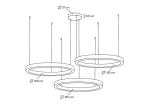 Lampa wisząca Ring 100/100/100 z trzema okrągłymi elementami LED o średnicy 100 cm, zawieszona na cienkich linkach. Górna część o średnicy 21 cm, wysokość 3,5 cm. Złote wykończenie, minimalistyczny design.
