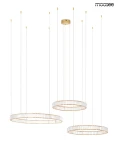 Lampa wisząca Liberty 3B z trzema okrągłymi kloszami, złota, z przezroczystymi szklanymi elementami. Ujęcie frontalne, zawieszona na cienkich linkach. Wysoka jakość wykonania, nowoczesny design, doskonała do wnętrz.