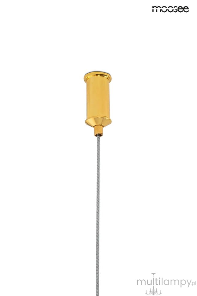 Lampa wisząca Liberty 3B z trzema źródłami światła LED, złota oprawa z metalowym wykończeniem, zawieszona na szarym przewodzie. Frontalny widok na górną część lampy z widocznym detalem mocowania.