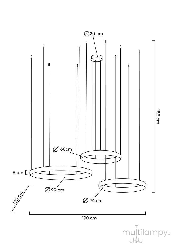 Lampa wisząca Liberty 3B z trzema okrągłymi kloszami LED w kolorze złotym. Wymiary: główny klosz Ø 20 cm, pozostałe Ø 60 cm, Ø 74 cm, Ø 99 cm. Wysokość całkowita 158 cm, długość kabli 120 cm, 99 cm, 60 cm. Prosty, nowoczesny design.