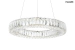 Lampa wisząca Allisia 80 o okrągłej formie, wykonana z przezroczystego szkła, z dekoracyjnymi elementami w kształcie diamentów. Zawieszona na cienkich linkach, zasilana jedną żarówką LED o mocy 43W. Kolor złoty podkreśla elegancję.