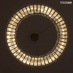 Lampa wisząca Allisia 80 w złotym kolorze, okrągła konstrukcja z przezroczystymi elementami, wyposażona w diody LED o mocy 43W, zawieszona na cienkich linkach, widok z dołu, podkreślająca elegancki design i efektowne oświetlenie.