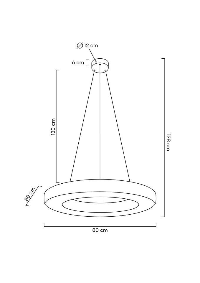 Lampa wisząca Allisia 80, złota, z jedną diodą LED o mocy 43W. Okrągły klosz o średnicy 80 cm i grubości 6 cm, zawieszony na linkach, z mocowaniem o średnicy 12 cm. Długość zawieszenia wynosi 130 cm.