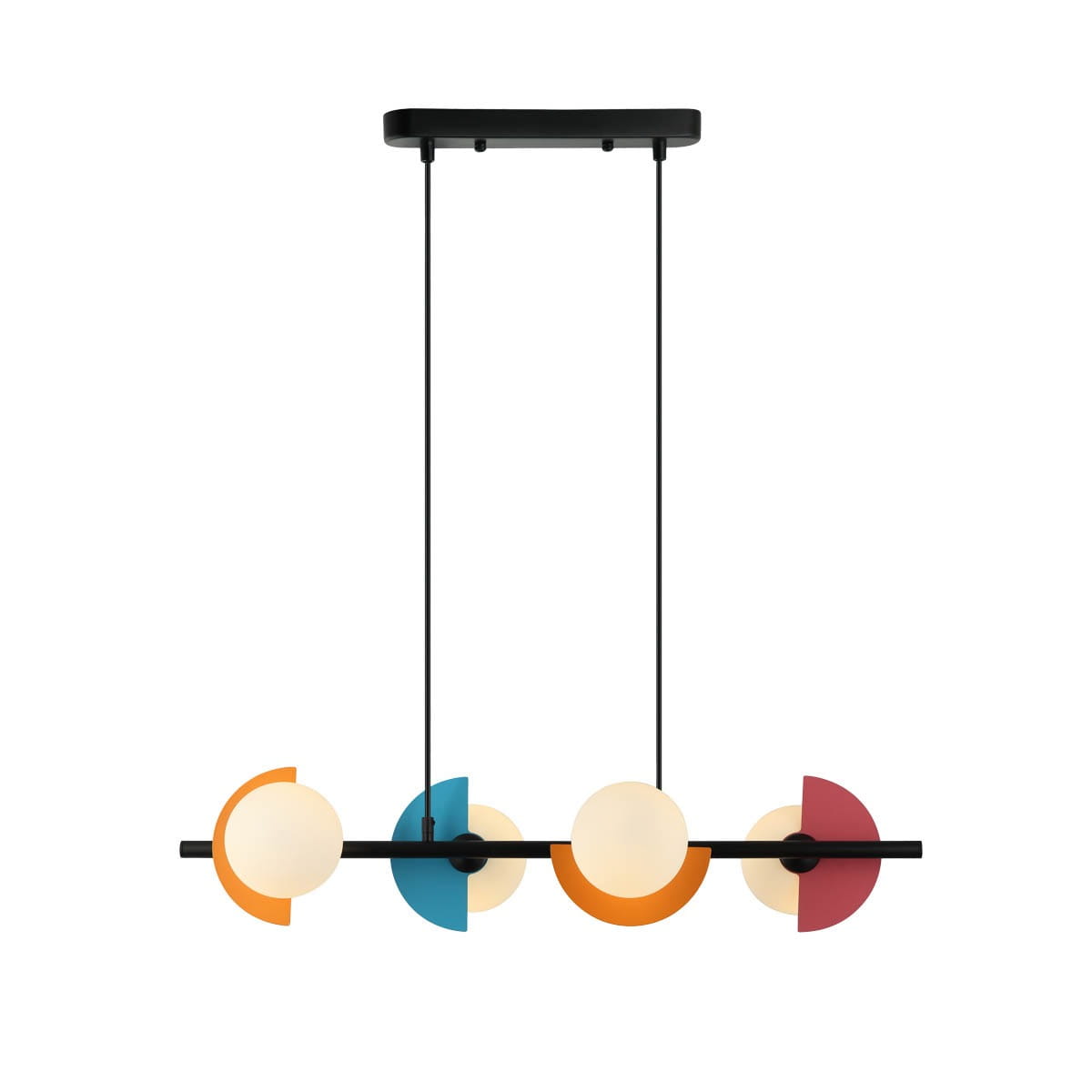 Lampa wisząca Nauti 4xG9 w multikolorze, z czarnym stelażem. Cztery okrągłe klosze w białym kolorze otoczone kolorowymi półokręgami: niebieskim, pomarańczowym, czerwonym i żółtym. Zawieszona na dwóch cienkich linkach.