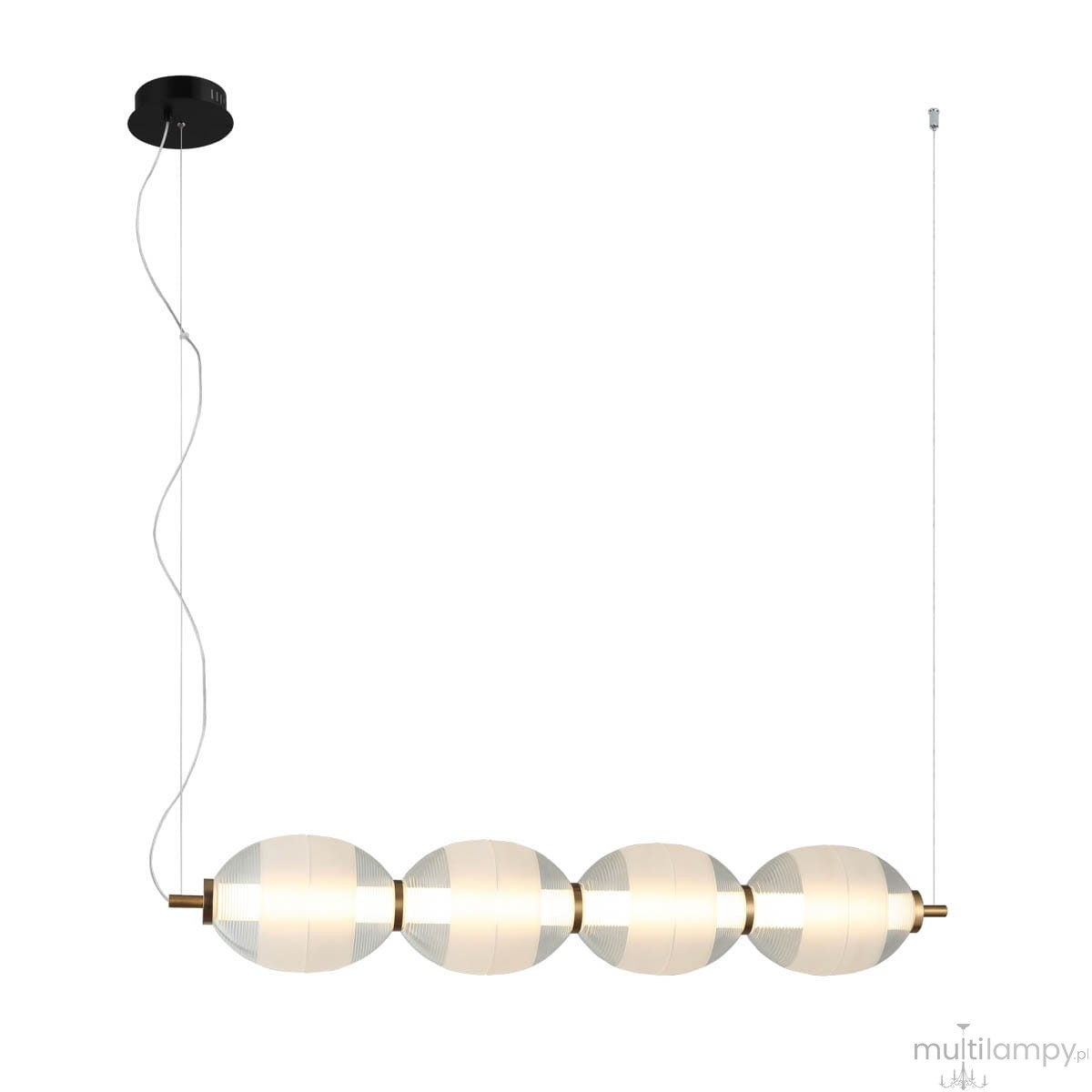 Lampa wisząca Rinot 1xLED/29W w kolorze czarnym, z czterema szklanymi kulistymi kloszami w odcieniu białym, zawieszona na cienkim przewodzie. Części metalowe w kolorze złotym. Ujęcie z przodu, na białym tle.