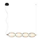 Lampa wisząca Rinot 1xLED/29W w kolorze czarnym, z czterema szklanymi kulistymi kloszami w odcieniu białym, zawieszona na cienkim przewodzie. Części metalowe w kolorze złotym. Ujęcie z przodu, na białym tle.