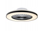 Plafon Kleo z wentylatorem, o średnicy 48 cm, w kolorze czarnym. Posiada wbudowane oświetlenie LED 36W oraz dodatkowe 15W CCT. Widoczny kształt okrągły z wentylatorem wewnętrznym i dekoracyjnym pierścieniem świetlnym. Ujęcie frontalne.