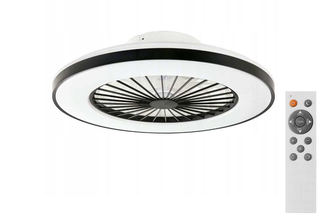 Kleo plafon z wentylatorem, czarny, o średnicy 48 cm i mocy 36W + 15W CCT. Ujęcie z boku, z widocznym pilotem. Okrągła forma z białą ramą i czarnymi łopatkami wentylatora w środku. Idealny do nowoczesnych wnętrz.