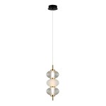 Lampa wisząca Testa z jedną żarówką LED 12W. Czarna podstawa z metalowym mocowaniem, trzy przezroczyste klosze o zaokrąglonych kształtach, w tym jeden matowy. Zawieszona na cienkim przewodzie, idealna do nowoczesnych wnętrz.