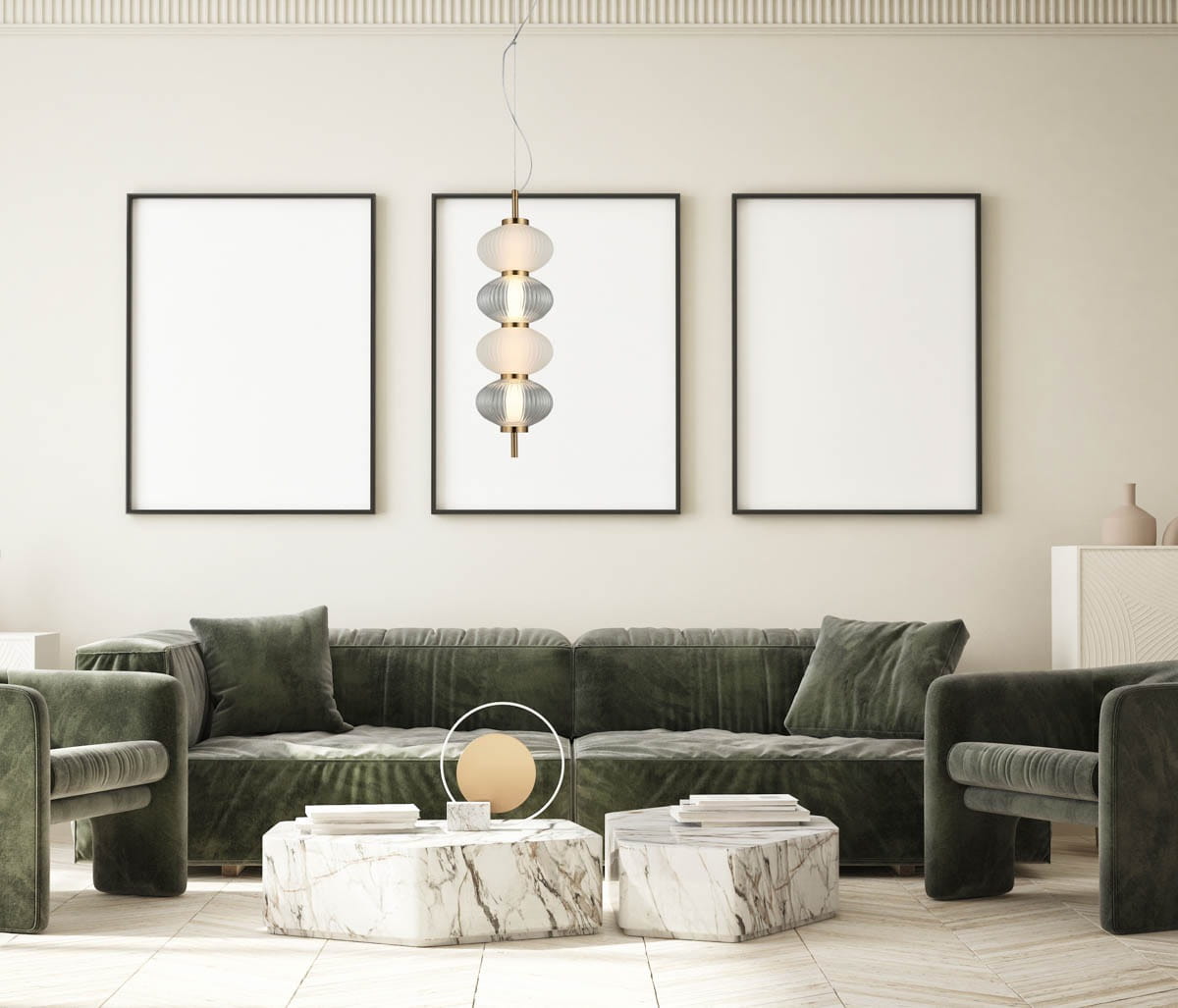 Lampa wisząca Testa 1xLED/16W w kolorze czarnym, składająca się z trzech okrągłych kloszy w różnych odcieniach, zawieszona na cienkim przewodzie. Produkt umieszczony w nowoczesnym wnętrzu z zielonymi meblami i marmurowym stolikiem.