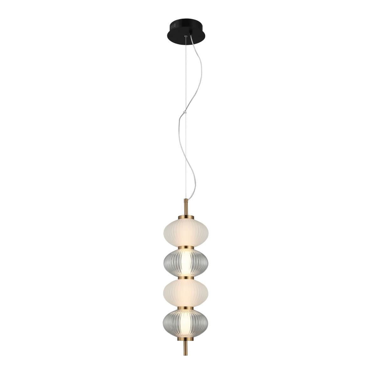 Lampa wisząca Testa z jednym źródłem LED o mocy 16W, w kolorze czarnym. Składa się z trzech ozdobnych kloszy w różnych kształtach: matowym białym, przezroczystym i żebrowanym, zawieszona na cienkim przewodzie.