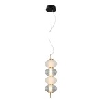 Lampa wisząca Testa z jednym źródłem LED o mocy 16W, w kolorze czarnym. Składa się z trzech ozdobnych kloszy w różnych kształtach: matowym białym, przezroczystym i żebrowanym, zawieszona na cienkim przewodzie.