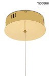 Lampa wisząca Wave 120, złota, z okrągłym kloszem, zawieszona na cienkim przewodzie. Wbudowane źródło LED o mocy 28W. Widoczne detale to otwory wentylacyjne oraz elementy mocujące. Tło proste, podkreślające elegancki design.