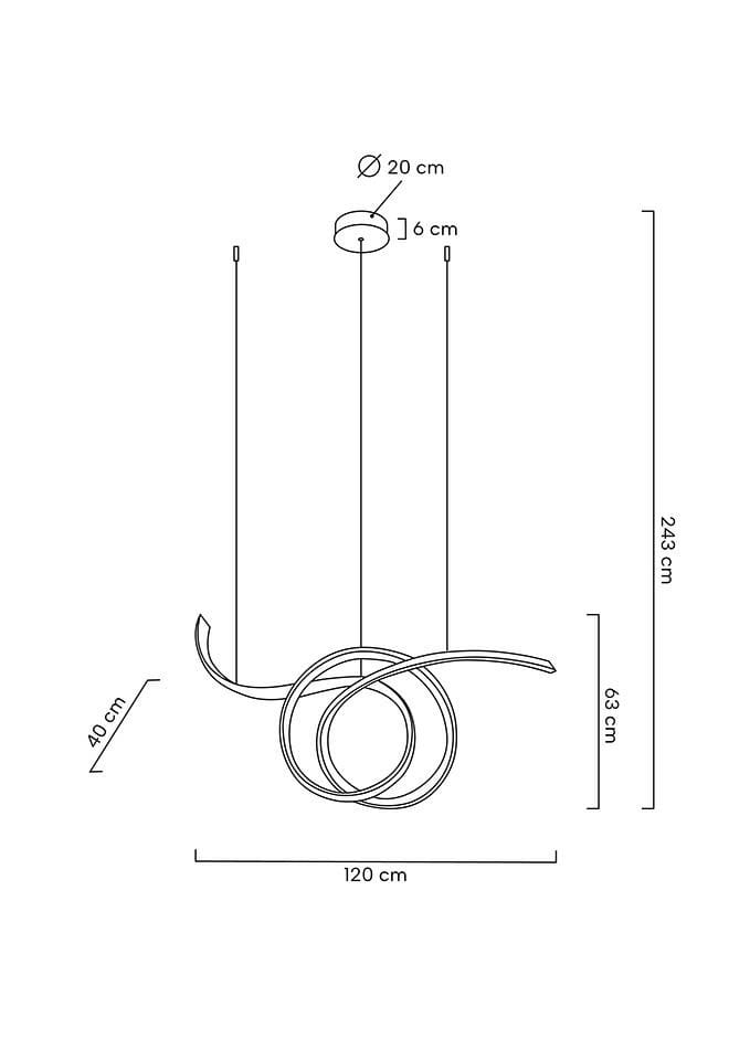 Lampa wisząca Wave 120 o długości 120 cm, wykonana w kolorze złotym. Ma okrągły sufitowy mocowany na dwóch linkach. Średnica klosza wynosi 20 cm, wysokość 40 cm, a całkowita długość z zawieszeniem to 243 cm. Wbudowane źródło światła LED 28W.