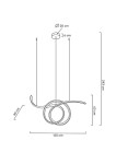 Lampa wisząca Wave 120 o długości 120 cm, wykonana w kolorze złotym. Ma okrągły sufitowy mocowany na dwóch linkach. Średnica klosza wynosi 20 cm, wysokość 40 cm, a całkowita długość z zawieszeniem to 243 cm. Wbudowane źródło światła LED 28W.