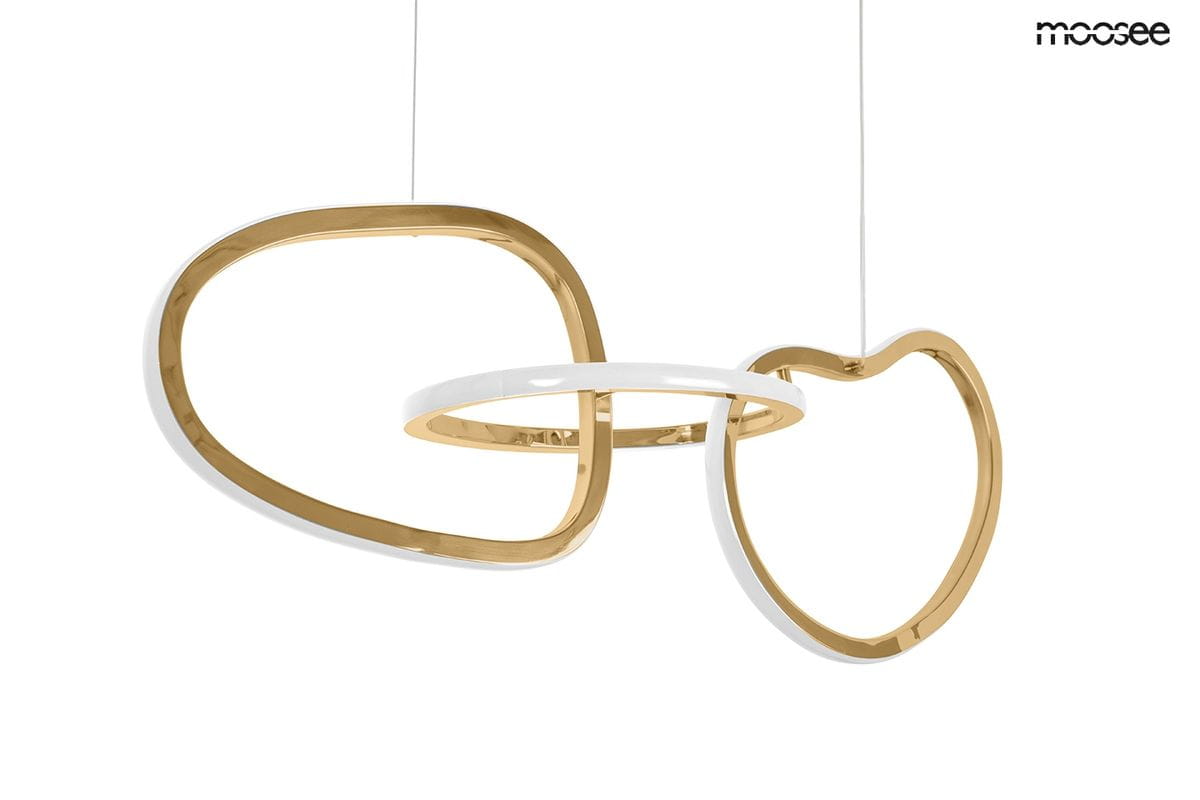 Lampa wisząca Jazz z trzema źródłami LED, o mocy 36W, w kolorze złotym i białym. Przedstawia nowoczesny design z połączonymi, asymetrycznymi kształtami w formie owalnych ram. Zawieszona na cienkim przewodzie, idealna do nowoczesnych wnętrz.