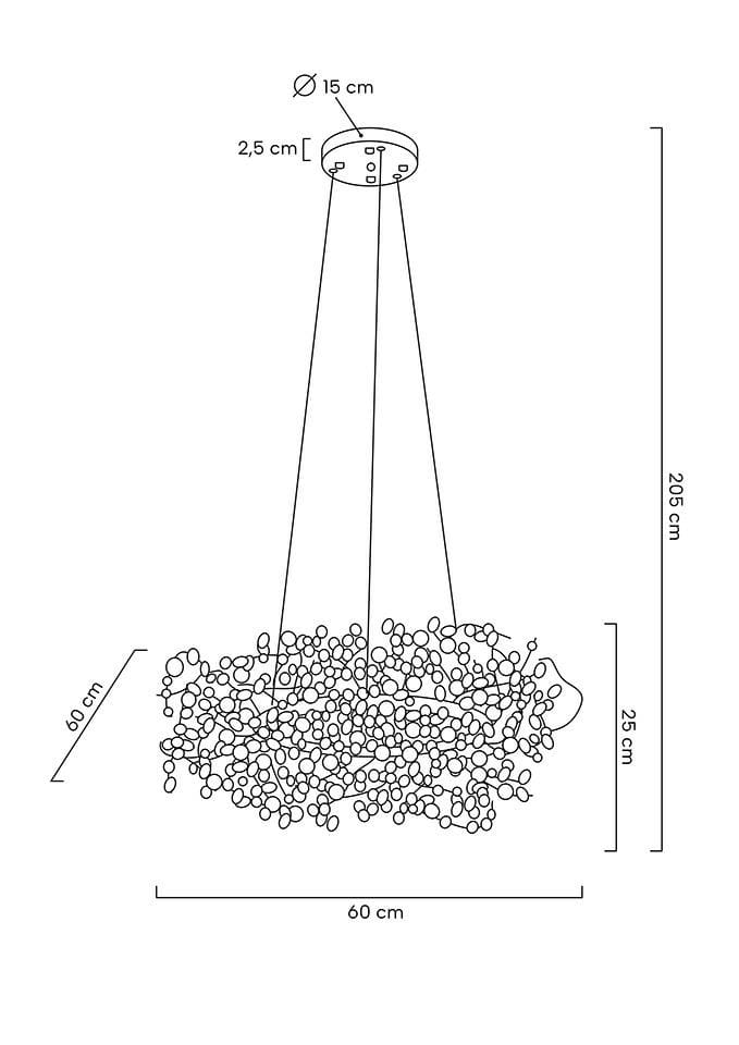 Lampa wisząca Monete 60 o średnicy 60 cm i wysokości 25 cm, wykonana w złotym kolorze, z miejscem na 12 żarówek G4. Posiada okrągły sufitowy uchwyt o średnicy 15 cm i wysokości 2,5 cm, zawieszona na trzech linkach.