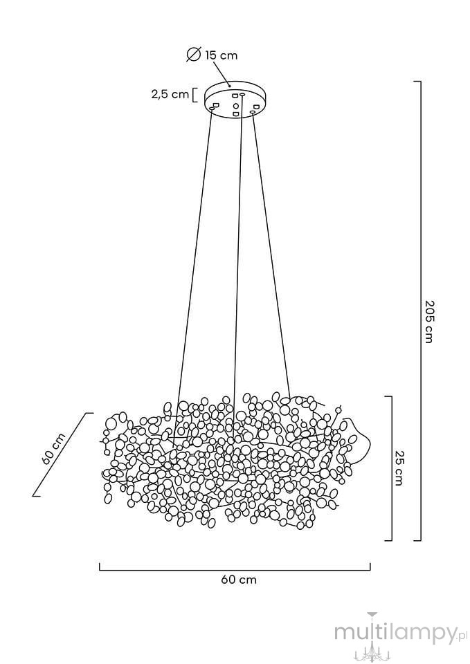 Lampa wisząca Monete 60 z 12 gniazdami G4, w kolorze chromu. Wymiary: średnica 60 cm, wysokość 25 cm, zawieszenie na 205 cm. Okrągła podsufitka o średnicy 15 cm i grubości 2,5 cm. Projekt z dekoracyjnymi detalami.
