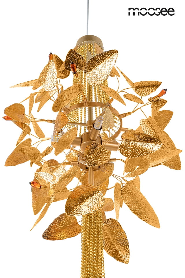 Lampa wisząca Paradiso 4xG9 w kolorze złotym, z dekoracyjnymi metalowymi liśćmi i transparentnymi detalami. Ujęcie z góry, produkt zwisający z sufitu, pokazujący unikalny design i eleganckie wykończenie.