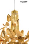 Lampa wisząca Paradiso 4xG9 w kolorze złotym, z dekoracyjnymi motylami i liśćmi, zawieszona na cienkim przewodzie. W górnej części widoczna siatka z metalowych łańcuszków. Elegancki design idealny do nowoczesnych wnętrz.