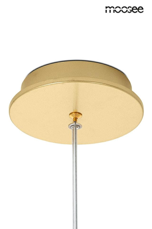 Złota lampa wisząca Paradiso z miejscem na 4 żarówki G9. Widok z dołu, ukazujący okrągły, złoty plafon oraz metalowy kabel. Prosta konstrukcja, idealna do nowoczesnych wnętrz.