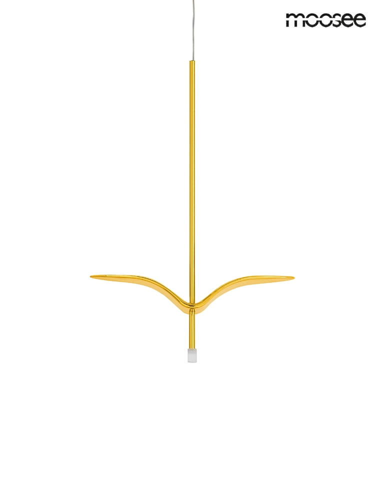 Lampa wisząca Gavi A w kolorze złotym, z jedną diodą LED o mocy 5W. Ma smukły, prosty kształt z długim, metalowym prętem i dwoma delikatnie zakrzywionymi ramionami. Zawieszona na cienkim przewodzie, idealna do nowoczesnych wnętrz.