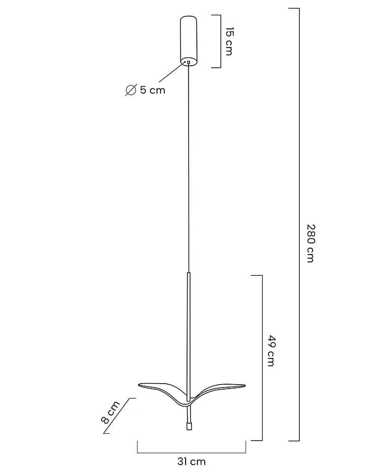 Lampa wisząca Gavi A z pojedynczym źródłem LED 5W w kolorze złotym. Okrągły klosz o średnicy 5 cm, wysokość 280 cm, z dekoracyjnym elementem w kształcie liścia o wymiarach 31 x 8 cm. Prosta konstrukcja, idealna do nowoczesnych wnętrz.