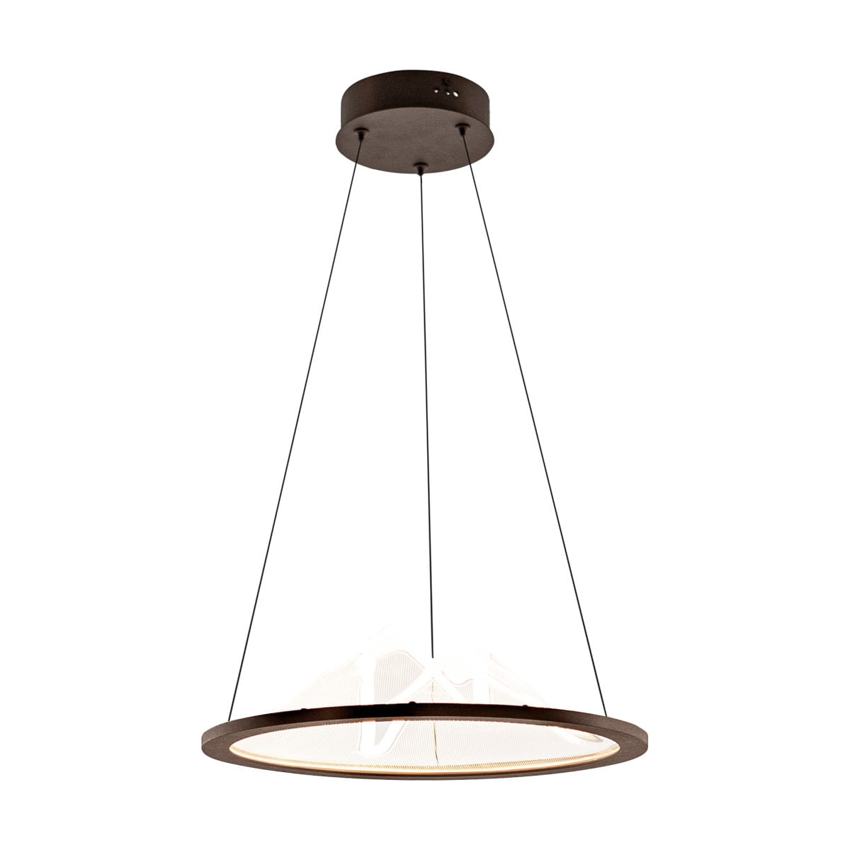 Lampa wisząca Baret w kolorze kawowym, o okrągłym kształcie, zawieszona na czarnych linkach. Posiada pierścień z białym kloszem LED o mocy 26W. Montowana sufitowo, idealna do nowoczesnych wnętrz.