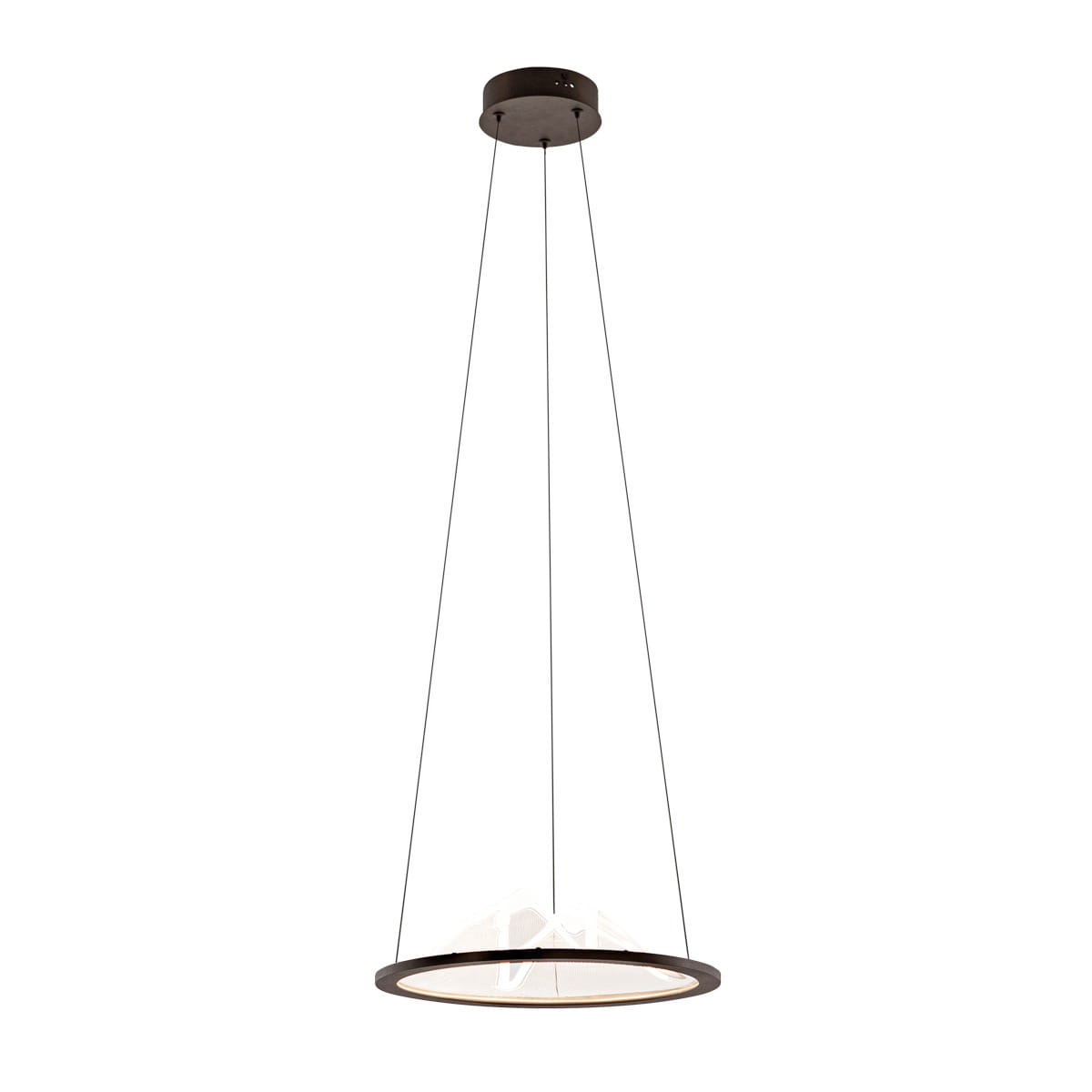 Lampa wisząca Baret w kolorze kawowym, z okrągłym kloszem LED o mocy 26W. Zamontowana na długich, cienkich linkach, z metalowym mocowaniem sufitowym. Prosty, nowoczesny design, idealna do różnych aranżacji wnętrz.