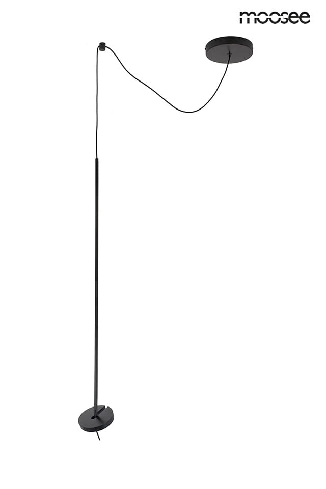 Lampa wisząca Bobbie w kolorze czarnym, z pojedynczym źródłem LED 8W. Prosty, smukły kształt z długim kablem i okrągłą podsufitką. Ujęcie frontalne, produkt zawieszony, na jednolitym tle.