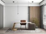 Lampa wisząca Bobbie w kolorze czarnym, z jedną żarówką LED 8W, zawieszona na cienkim kablu w nowoczesnym biurze. W tle widoczny stół z metalową podstawą, brązowe krzesło oraz roślina w doniczce. Jasne, minimalistyczne wnętrze.