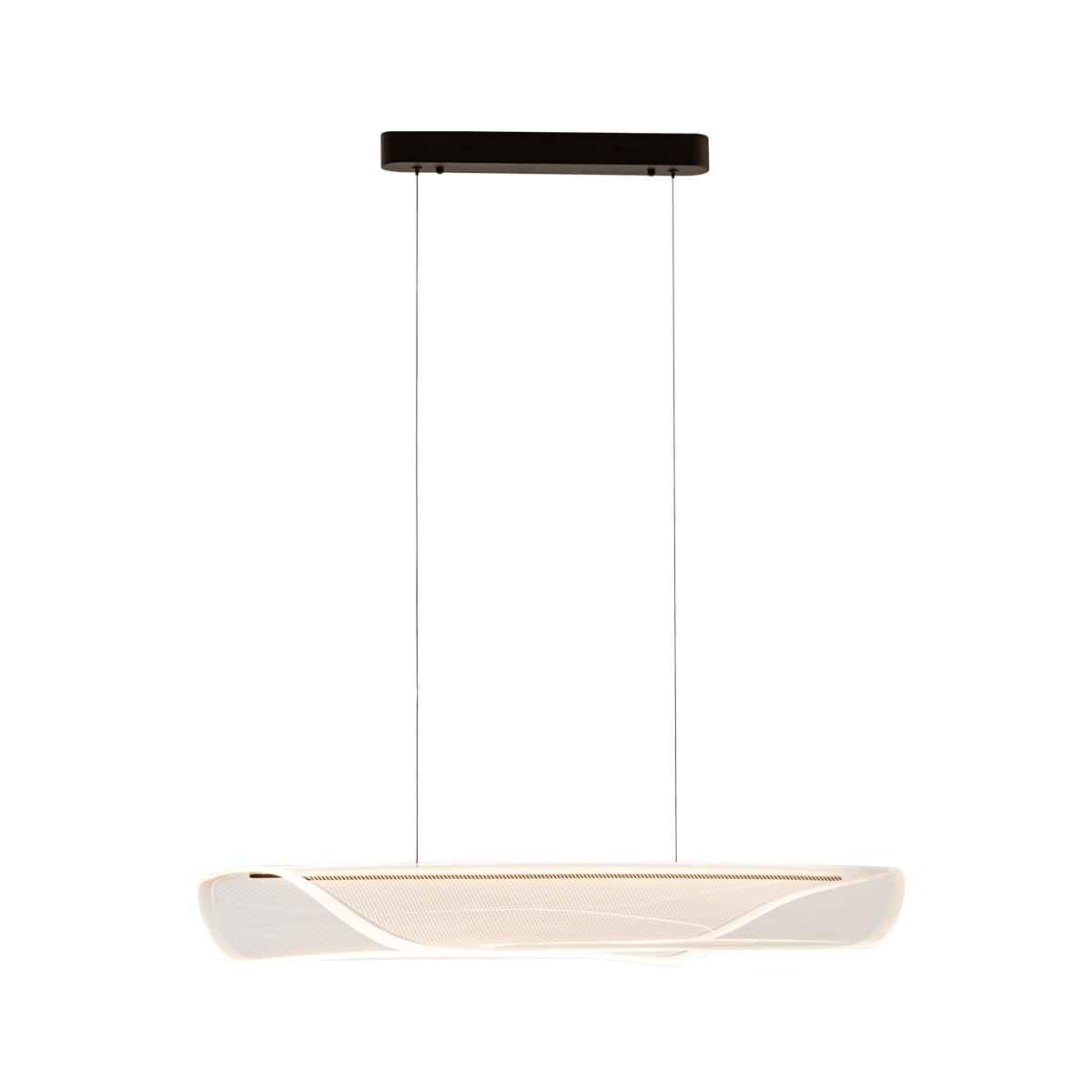 Lampa wisząca Casel w kolorze kawowym, z jedną diodą LED o mocy 32W. Oświetlenie ma nowoczesny kształt, z delikatnymi falami na kloszu. Zawieszona na cienkich linkach, z prostokątnym stelażem w kolorze czarnym, na białym tle.