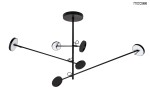 Lampa wisząca Bobbie z sześcioma źródłami światła LED, czarna, z metalowymi ramionami. Ujęcie z dołu, ukazujące rozłożone klosze w formie okręgów, z białym wypełnieniem i czarnymi obręczami. Prosty, nowoczesny design, zawieszona na cienkim drucie.