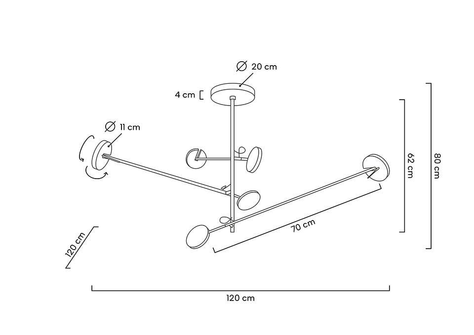 Lampa wisząca Bobbie w kolorze czarnym z sześcioma LEDami o mocy 28W. Wymiary: długość 120 cm, wysokość 80 cm, średnica metalowych elementów 20 cm. Prosty, nowoczesny design z okrągłymi kloszami umieszczonymi na ramionach.