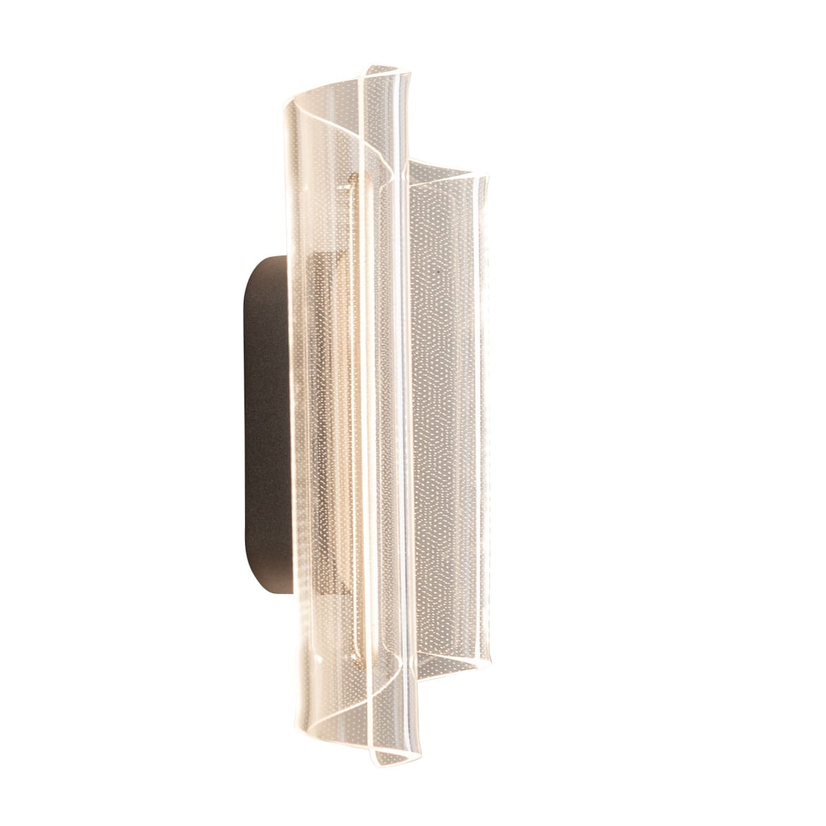 Kinkiet Casel w kolorze kawowym z jedną diodą LED 13W, o prostokątnym kształcie. Szklana obudowa z delikatnym wzorem, montowana na ścianie. Dobrze widoczna czarna baza, kinkiet w profilu bocznym.