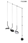 Lampa wisząca Flat 3xLED/30W w kolorze czarnym, składająca się z trzech okrągłych źródeł światła na cienkich, regulowanych linkach. Całość zawieszona na prostokątnym elemencie mocującym. Tło białe, minimalistyczny design.
