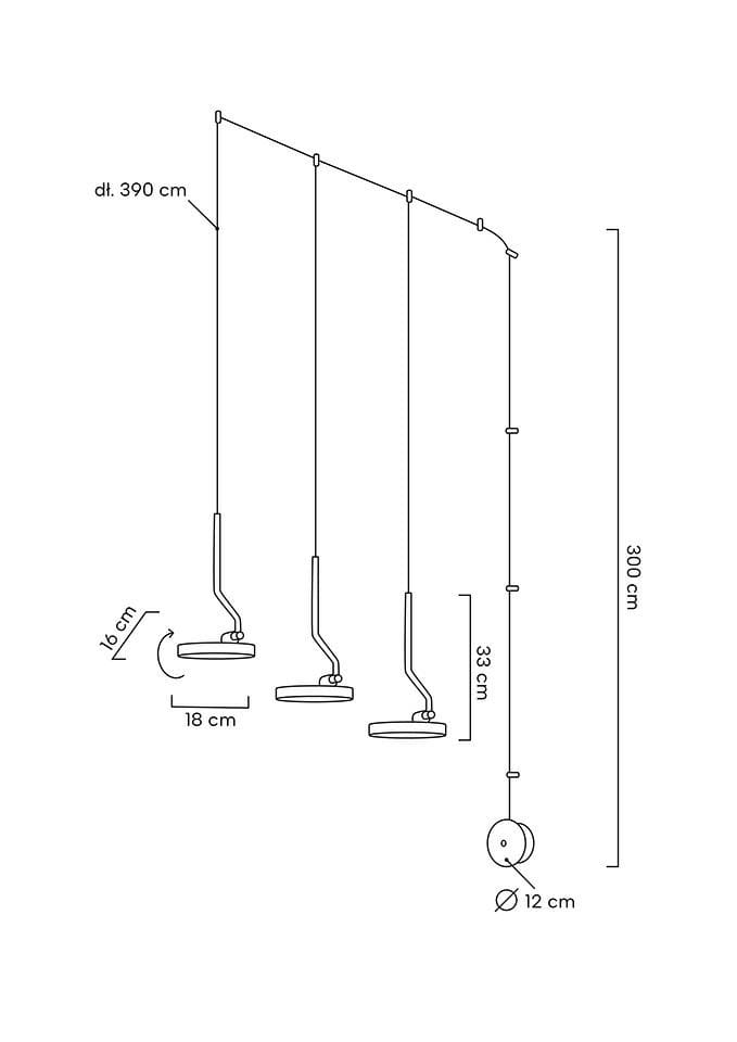 Czarna lampa wisząca Flat z trzema źródłami LED o mocy 30W. Wyposażona w regulowane linki o długości 300 cm. Wymiary pojedynczego klosza: średnica 18 cm, wysokość 16 cm, zawieszenie 33 cm. Element minimalistyczny, idealny do nowoczesnych wnętrz.